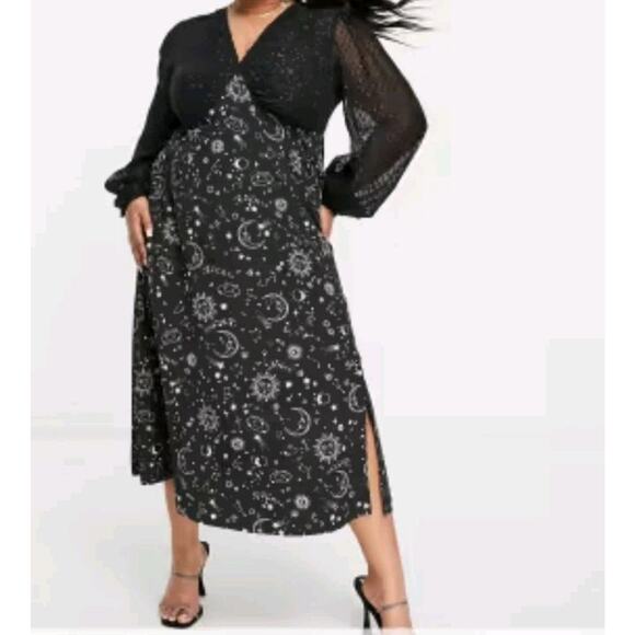 Neon Rose Moon Print Constellation Sheer Bell Sleeve Midi Dress Black Sz 28 - Picture 1 of 8
